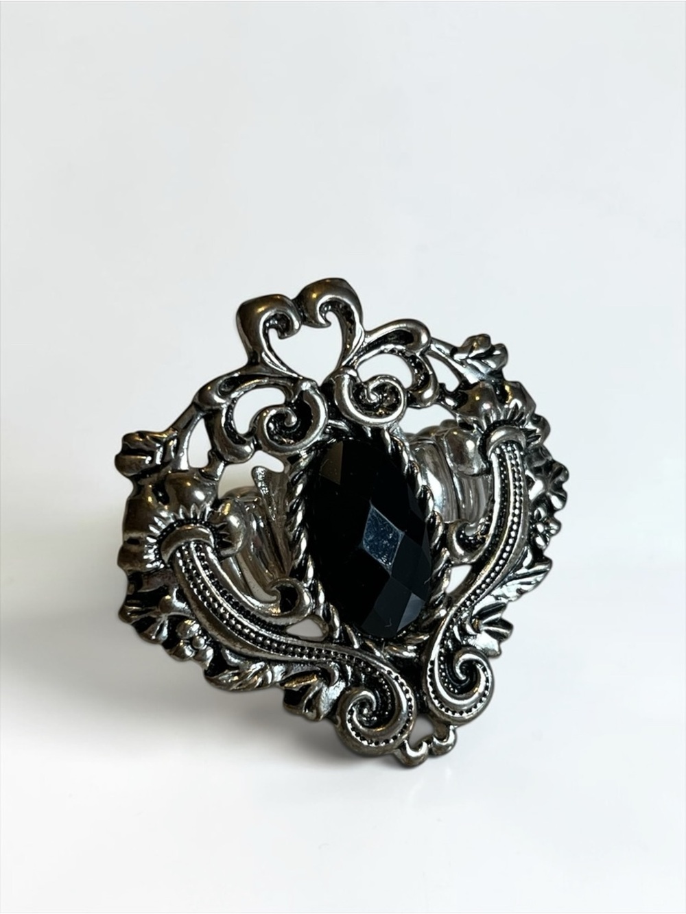 🍭5 for $20🍭 Silver Tone Black Acrylic Filigree Stretch Ring CC X
